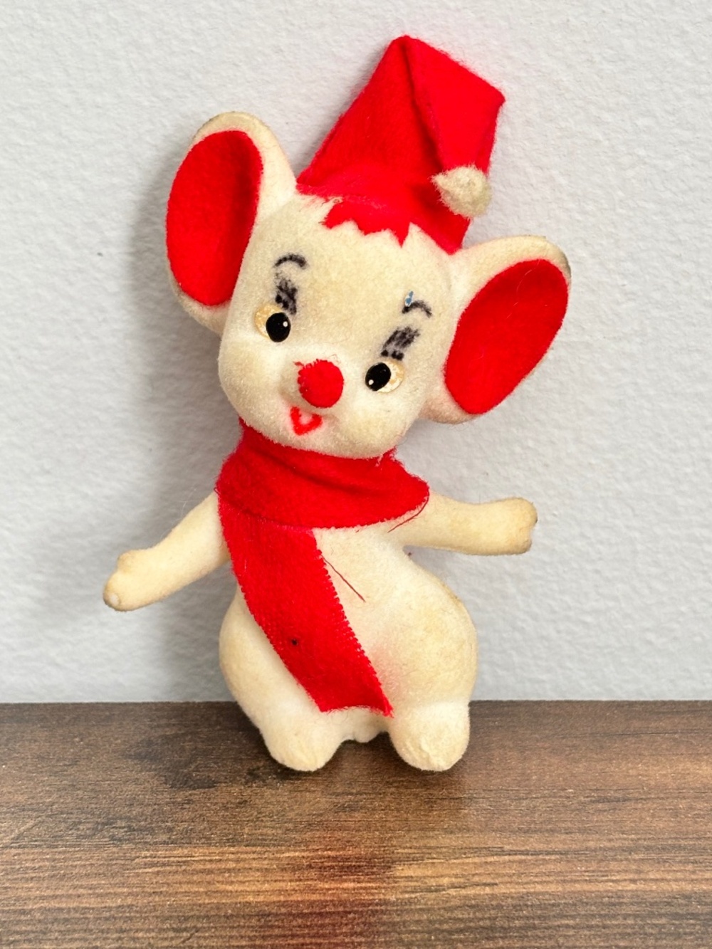 VINTAGE Flocked White Mouse Red Santa Hat Scarf Christmas Holiday Decor 1960's